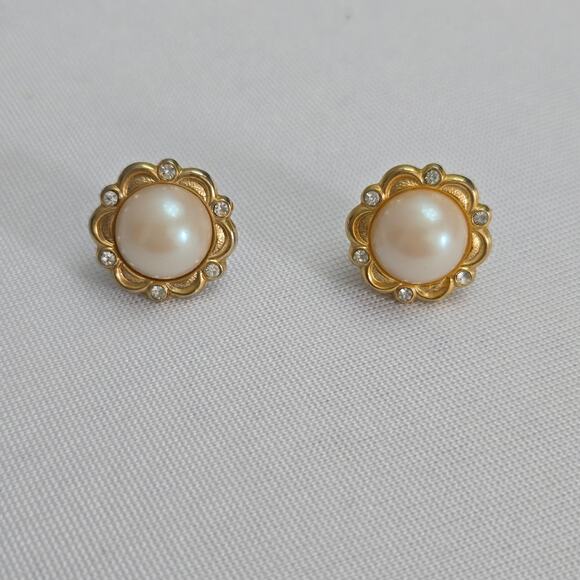 Vintage Gold Toned Faux Pearl with Clear Rhinestones Post Earrings - Picture 1 of 5